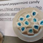 Peppermint candy – fondant icing with a few drops of peppermint flavouring squished together, rolled flat and cut out